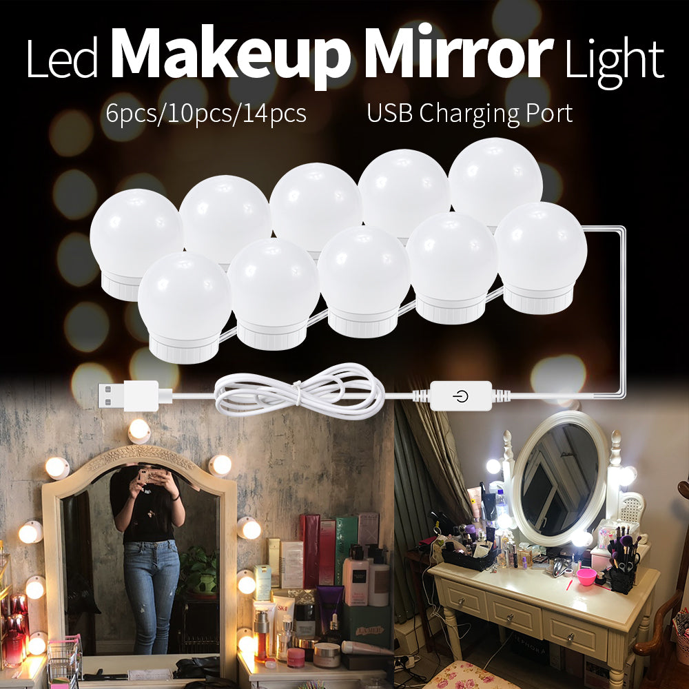 Led makeup mirror light with USB charging port