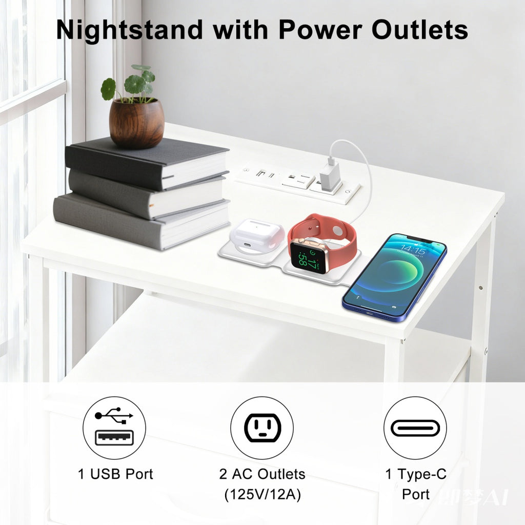 Small Bedside Table With Charging – Modern Compact Nightstand for Bedroom