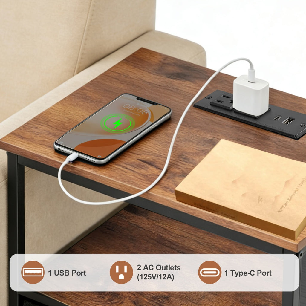 Smart bedside table with built-in USB and USB-C charging ports, fabric drawers, and three-layer storage rack