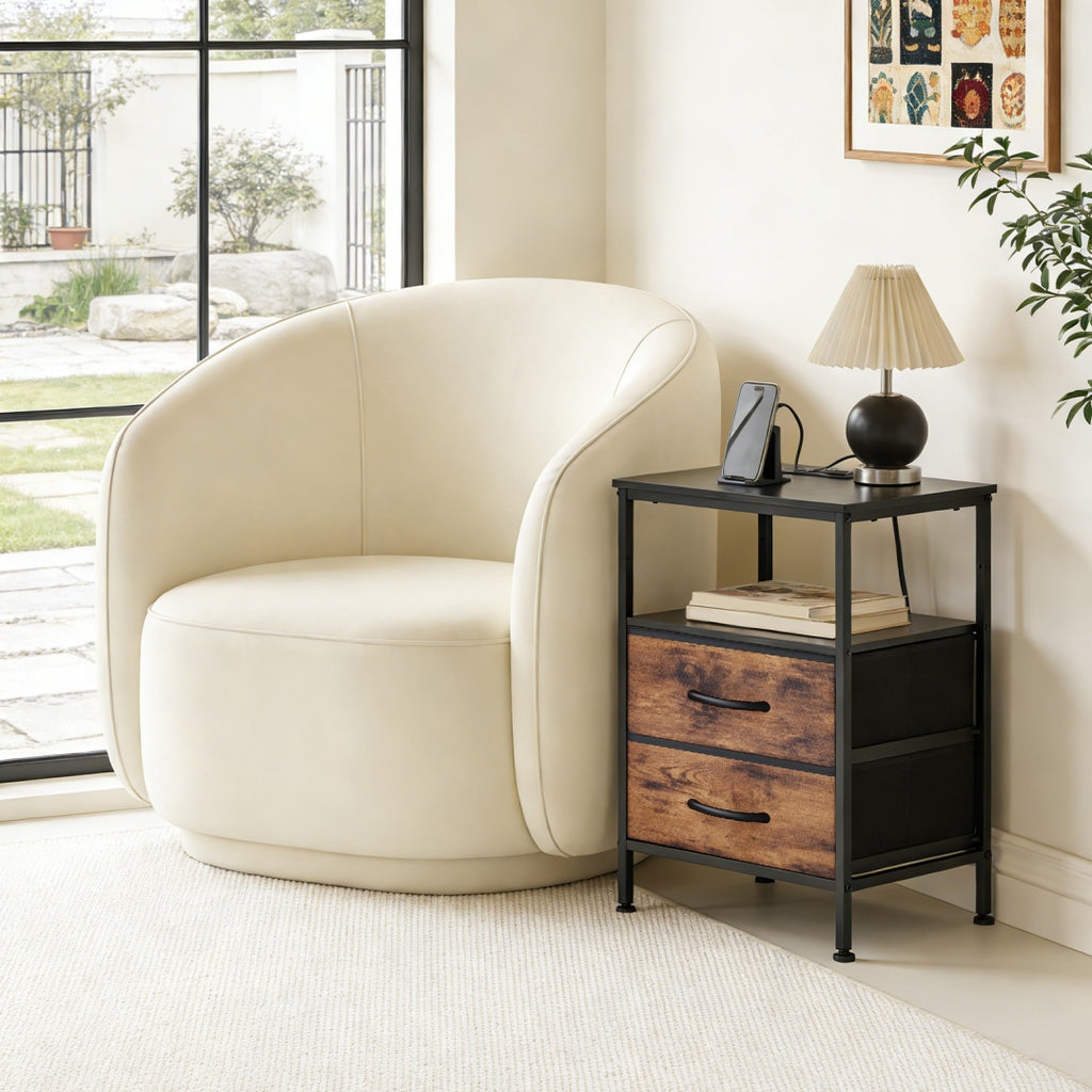 Small Bedside Table With Charging– Modern Compact Nightstand for Bedroom