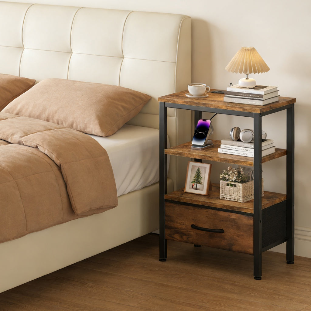 Smart bedside table with built-in USB and USB-C charging ports, fabric drawers, and three-layer storage rack