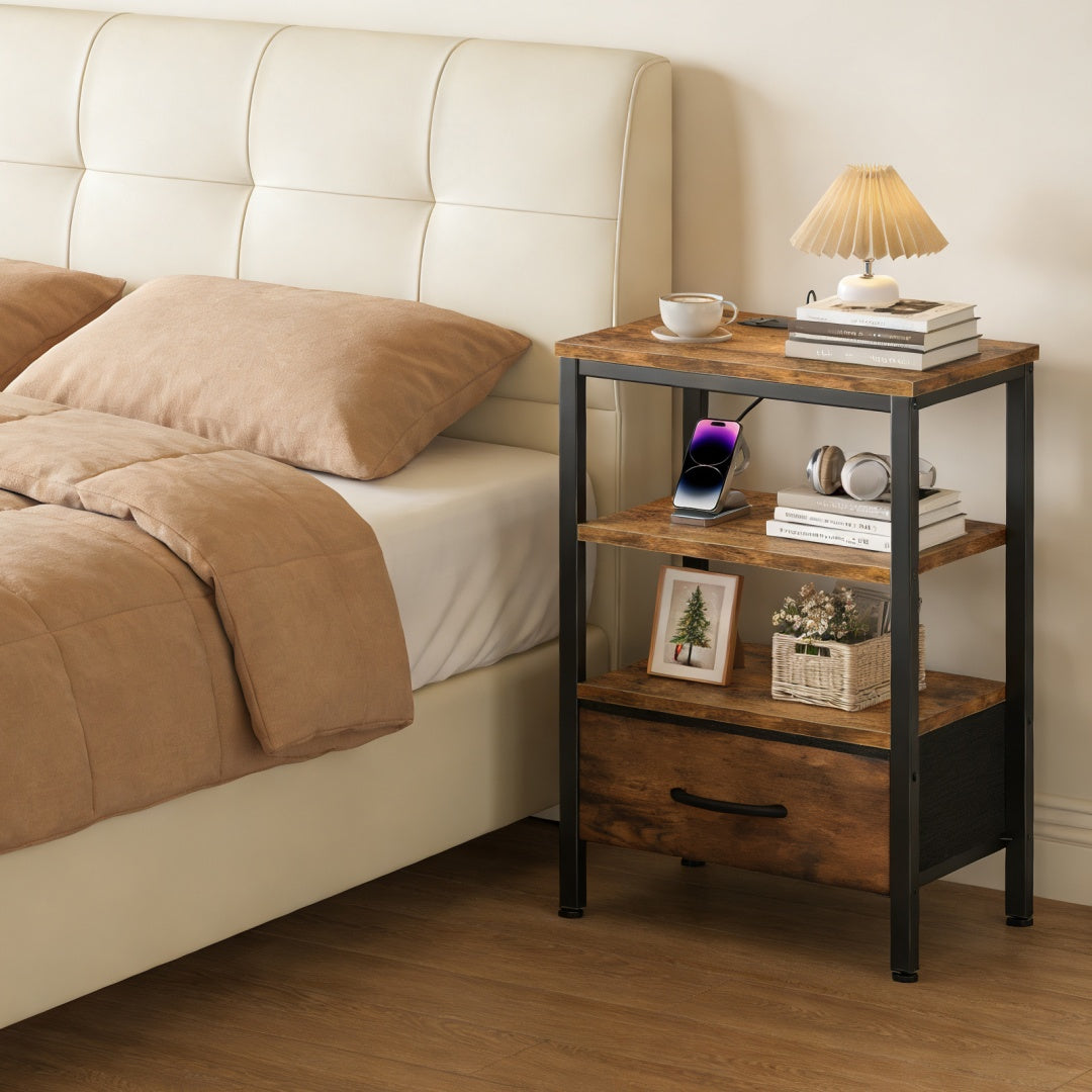 Smart bedside table with built-in USB and USB-C charging ports, fabric drawers, and three-layer storage rack