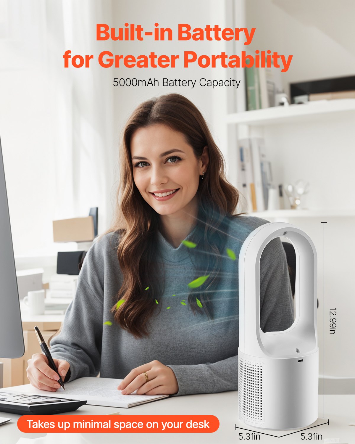 Desk fan noise free, portable, built in battery