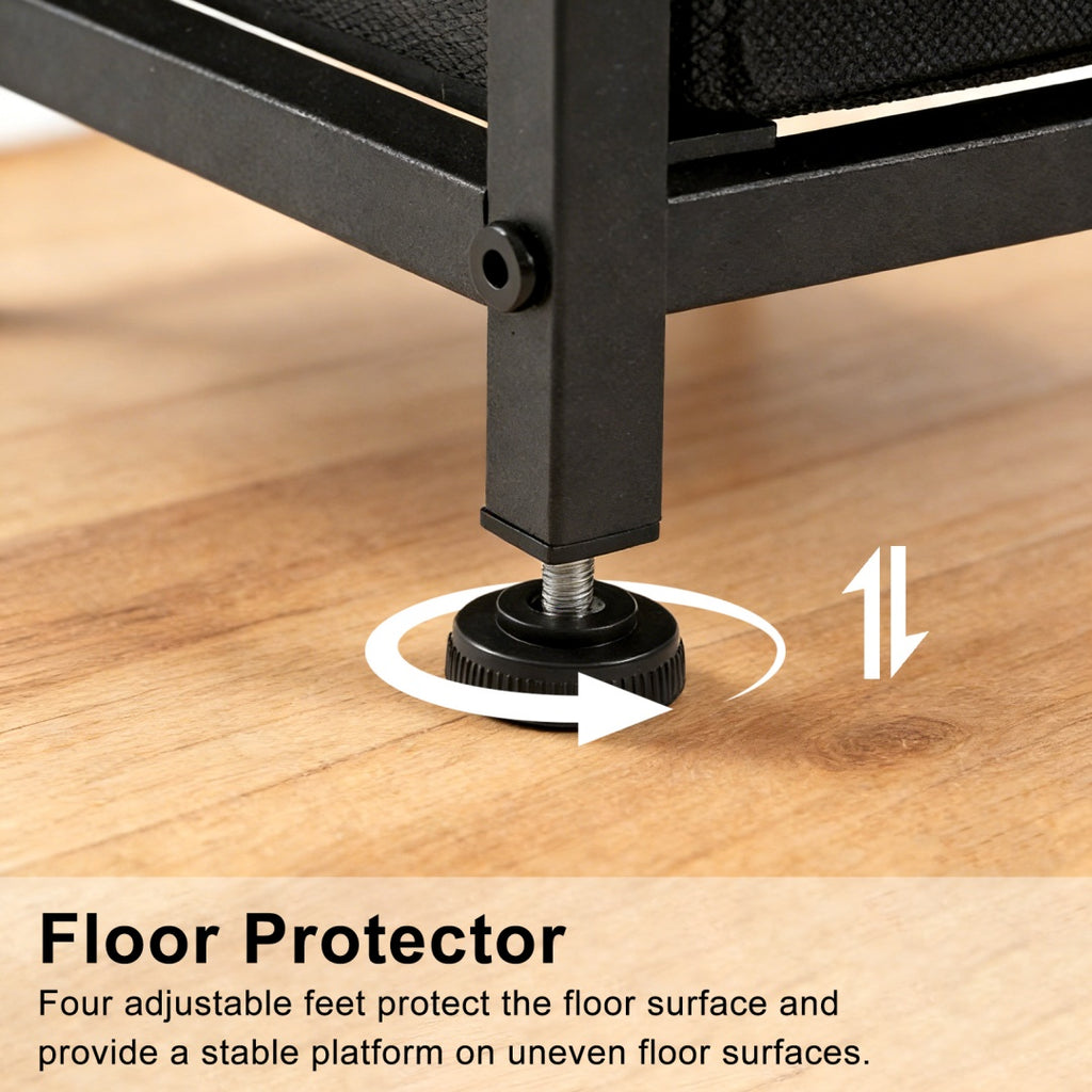 Adjustable feet, protects floor